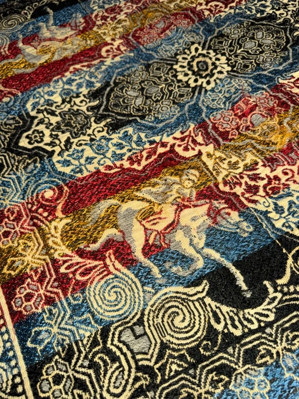 Vintage 1940s Indian Woven Tapestry Panel in Blue, & Red beautiful artisan work.